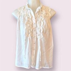 FREE PEOPLE | Semi Sheer Cotton White Lace Detail Sleeveless Top